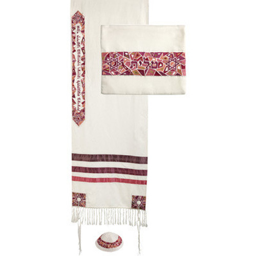 Pink & Maroon Stars of David Embroidered Tallit Set