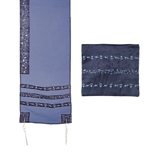 Organza Tallit Set - Blue Floral Stripes