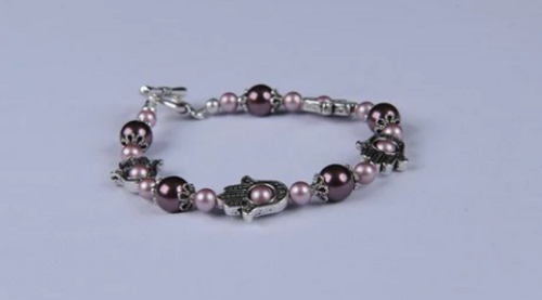 Silver Plated Hamsa Bracelet With Pink and Purple Fresh Water Pearls