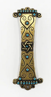 Brass Curlicue Mezuzah - Turquoise Stones