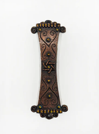 Copper Curlicue Mezuzah - Gold Stones