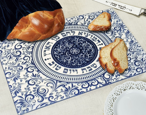 Glass Challah Board with Blue Damask Pattern