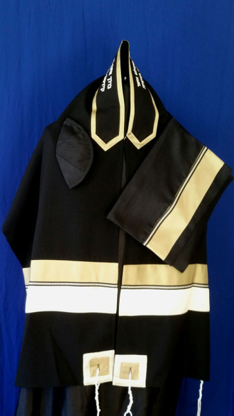 Michal Black Background Tallit Set With Gold & Silver Stripes