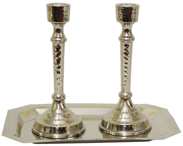 6" Nickel Plated Hammered Candlesticks With Tray