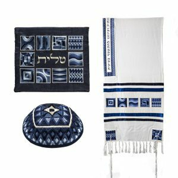 Emanuel Geometric Patterned Tallit Set - Blue