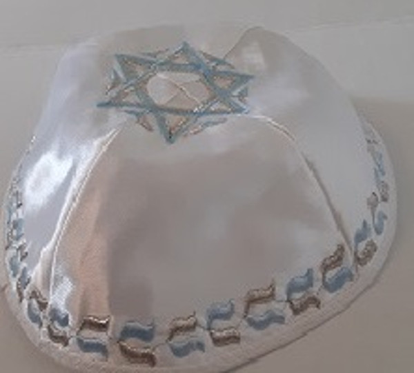 White Satin With Pale Blue And Silver Embroidery