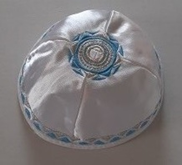 White Satin With Pale Blue And Silver Geometric Embroideryq