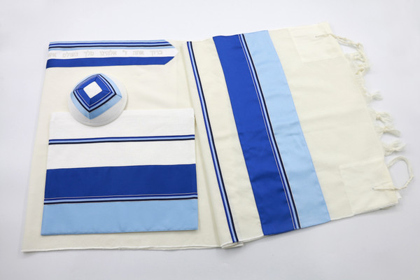 "Kinneret" Tallit Set - White With Blue Stripes