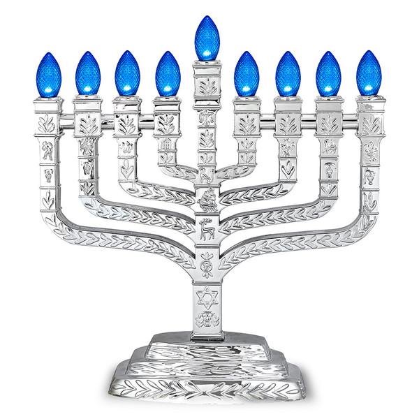 "Knesset" Silver Electroplate LED Menorah With Blue Bulbs