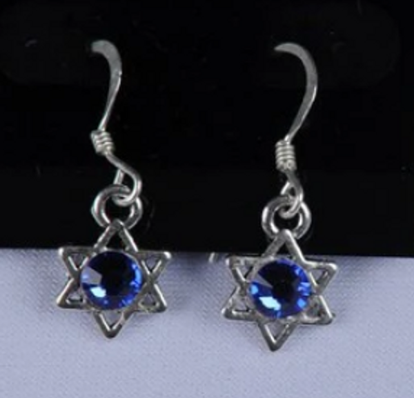 Star Of David Earrings With Dark Blue Crystals