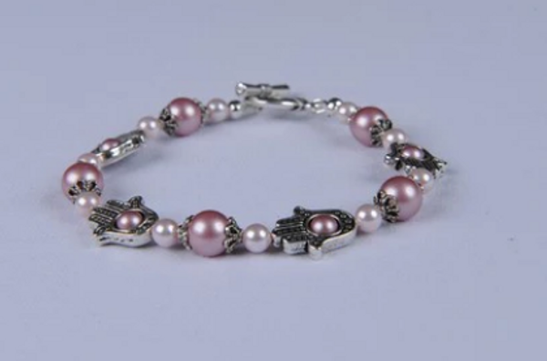 Silver Plated Hamsa Bracelet With Fresh Water Pearls