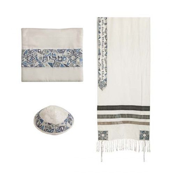 Gray Stars Of David Embroidered Tallit Set