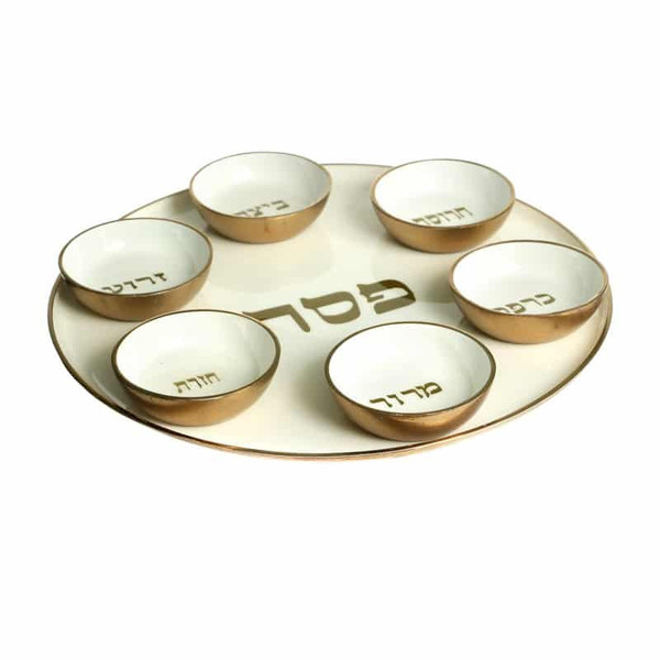 White Aluminum Seder Plate With Cups - Gold Accent