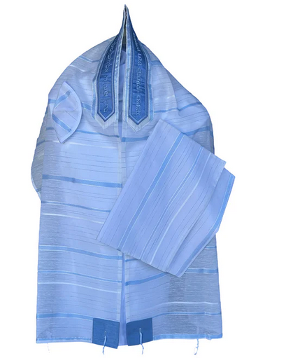 Michal White Chiffon with Silver and Blue Stripes Tallit Set