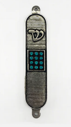 Pewter Mezuzah with Light Blue Crystals