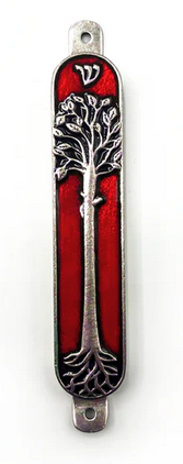 Pewter Tree of Life Mezuzah - Red Enamel