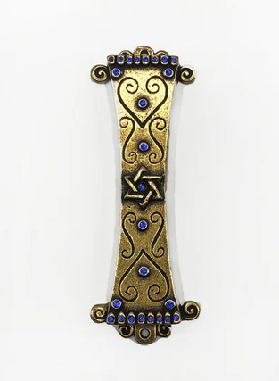 Brass Curlicue Mezuzah - Blue Stones