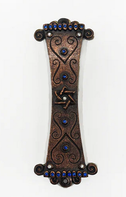 Copper Curlicue Mezuzah - Blue Stones