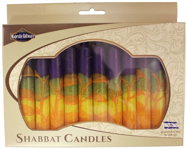 Safed Purple, Orange, Green and Yellow Harmony Shabbat Candles