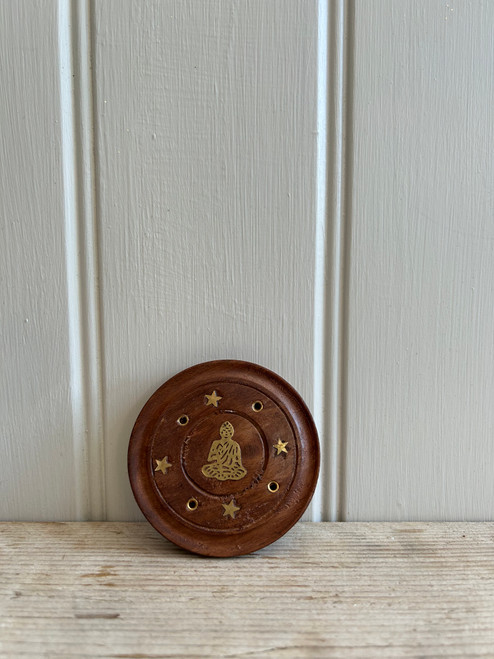 Round Wooden Ash Catcher - Brass Inlaid Buddha/Stars - Sold in 10's   (20p each)