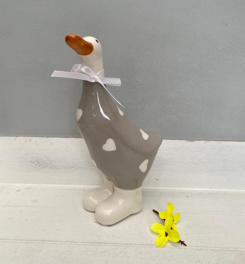 (x16)(£4.65ea) Large Ceramic Polka Dot Duck 19cm - Grey Body