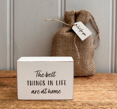 (x60)(£0.85ea) Wooden Gratitude Block with Hessian Gift Pouch 7x5cm - Home