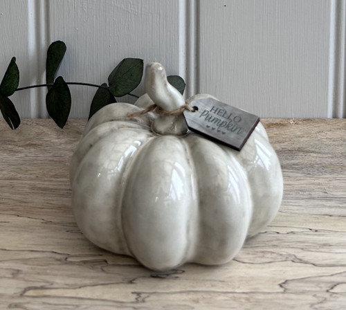 (x16)(£2.48ea) DUE AUGUST - Small Ceramic Pumpkin Ornament with Reactive White Glaze - 10cm