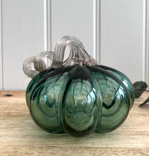 (x18)(£5.30ea) DUE JULY - Luxury Handblown Glass Pumpkin Ornament - Bottle Green 13cm