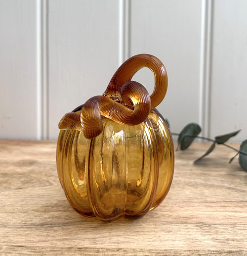 (x36)(£3.90ea) DUE JULY - Luxury Handblown Glass Pumpkin Ornament - Amber 9.5cm