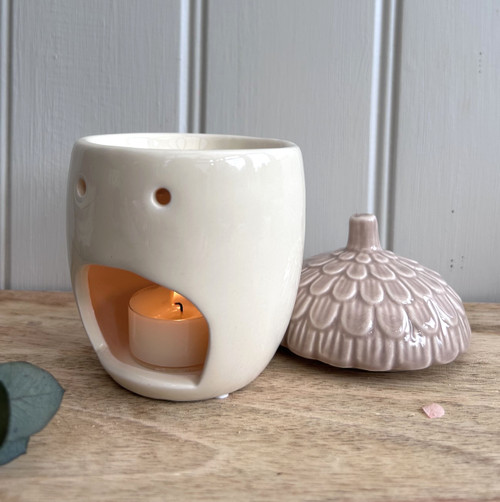 (H)(x24)(£3.55ea) DISPATCH FROM MID SEPTEMBER - Ceramic Acorn Wax Burner with Lid 13cm - Cream/Taupe