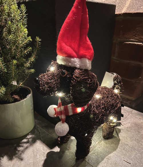 (x36)(£6.25ea) DUE AUGUST - LED Brushwood Dog with Hat 30cm(Indoor & Outdoor)