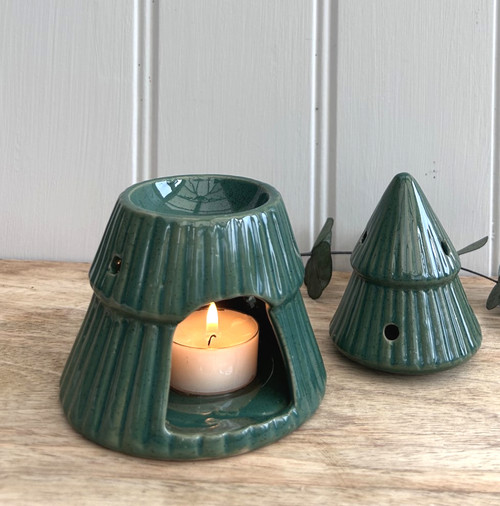 (x18)(£3.75ea) DUE AUGUST - Ceramic Tree Wax Burner with Reactive Glaze 15cm - Green