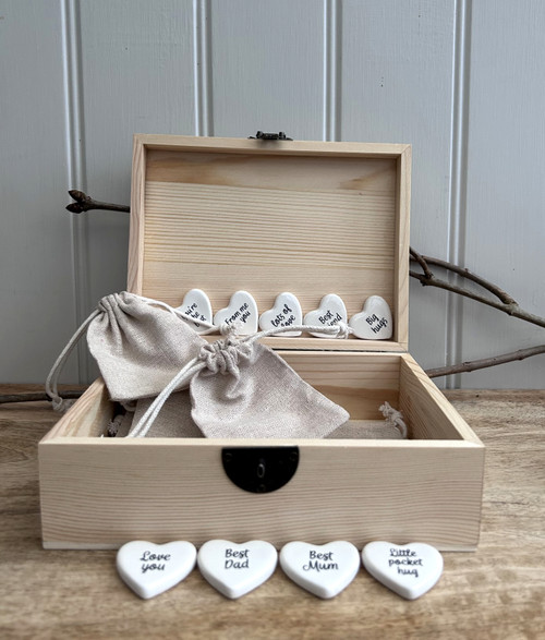 (F)(x1)(£38.88ea) DISPATCH FROM MID SEPTEMBER - Set of 54 Ceramic Heart Tokens & Hessian Pouches in Display Box CDU (72p each)