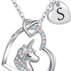 Easter Basket Stuffers - Easter Gifts for Kids Girls, Unicorn Necklace Gifts for Teen Girls Kid, Colorful CZ Heart Pendant Initial Unicorn Necklaces for Girl Jewelry Birthday Gift for Girl Kid