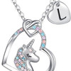 Easter Basket Stuffers - Easter Gifts for Kids Girls, Unicorn Necklace Gifts for Teen Girls Kid, Colorful CZ Heart Pendant Initial Unicorn Necklaces for Girl Jewelry Birthday Gift for Girl Kid