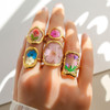 Cottagecore Real Dried Flower Resin Open Ring Women Gold Plated Boho Botanical Adjustable Aesthetic Fashion Jewelry