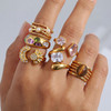 Fashionable Pearl Sunflower Titanium Steel Open Ring Gold Plated Multi-functional Retro Jewelry Adjustable Size for Men and Women