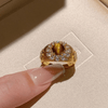 Vintage Natural Tiger Eye Stone Halo CZ Ring For Women, 18K Gold Plated Matte Brushed Band Oval Cabochon Gemstone Luxury Retro Wedding Party Fashion Jewelry Gift