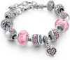 Pink Hearts Silver Plated Charm Bracelet Set, Jewelry Gifts with Beads, Charms, and Adjustable Snake Chain, Fits 7.5"+1.5"