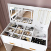 Flip Top Vanity Desk with LED Lighted Mirror & Built-in Outlet - Makeup Vanity Table with 2 Drawers, Open Storage, Hooks for Jewelry (No Stool Included)