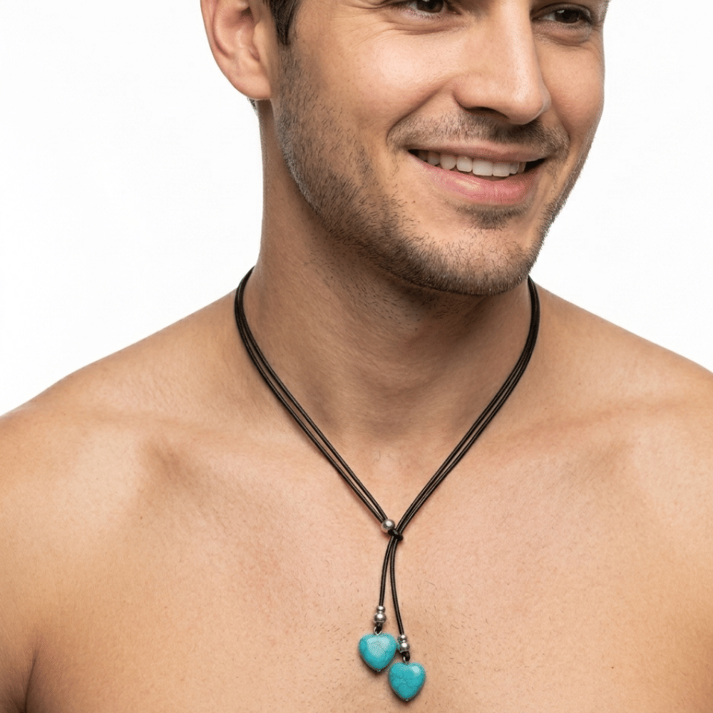 Boho Turquoise Double Layer Rope Necklace for Women Retro Heart Pendant Statement Jewelry Gift