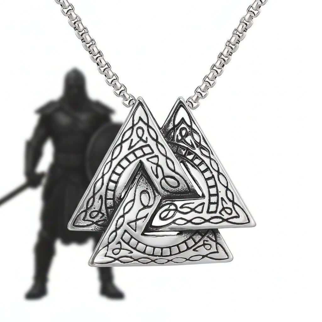 Retro Viking Triangle Necklace for Men & Women, Stainless Steel Pendant with Pearl Chain, Norse Style Fashion Jewelry