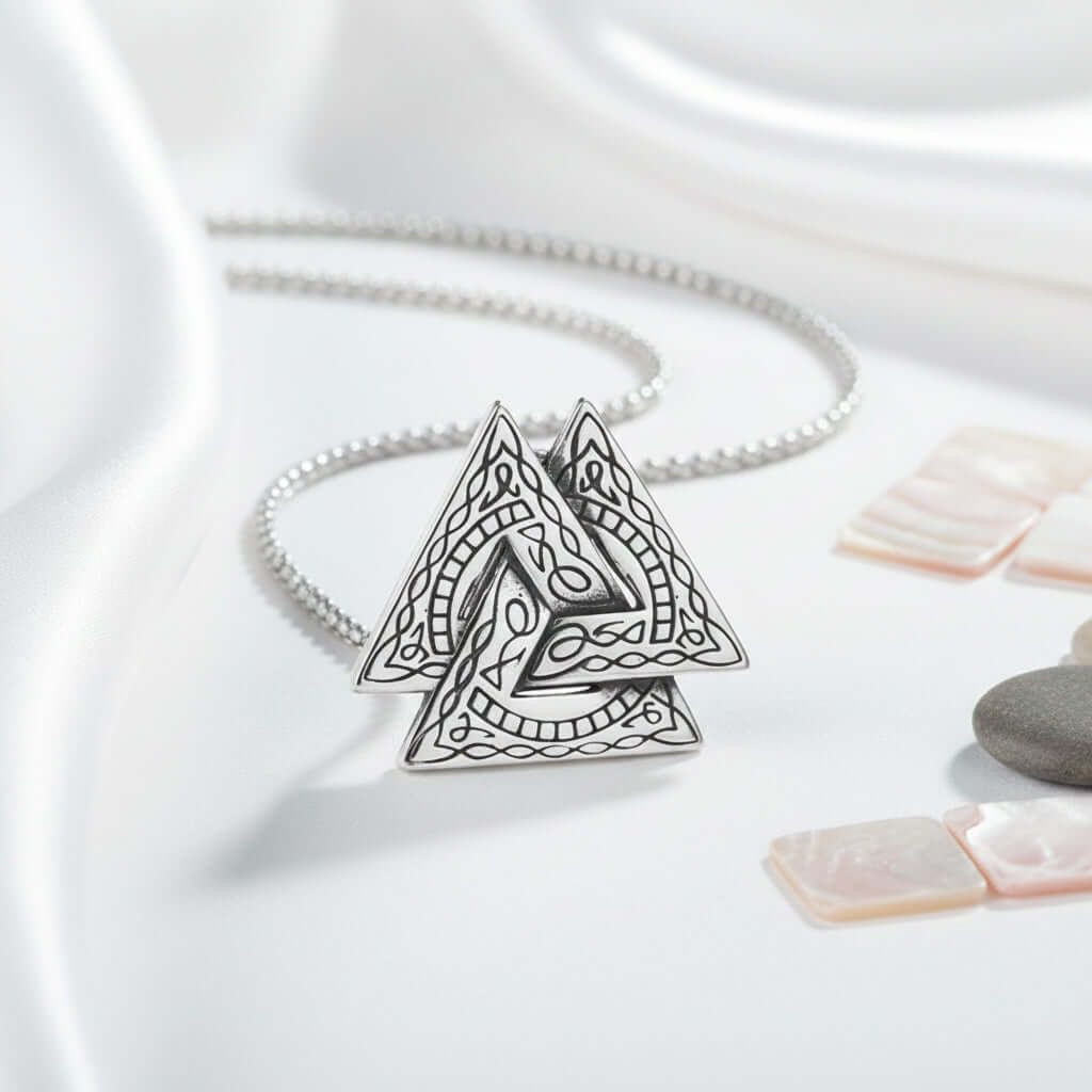 Retro Viking Triangle Necklace for Men & Women, Stainless Steel Pendant with Pearl Chain, Norse Style Fashion Jewelry