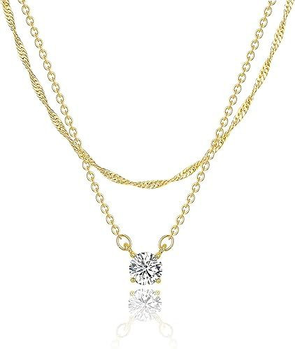 Dainty 14k Gold Plated/Silver Cubic Zirconia Necklaces for Women, Simple CZ Jewelry Necklaces Trendy Gifts