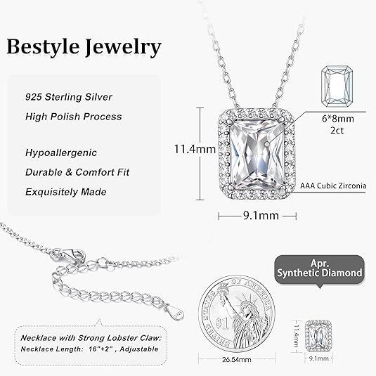 Sparkling 925 Sterling Silver Birthstone Necklaces for Women, Created Heart/Round/Teardrop/Square Crystal Solitaire Pendant Diamond Necklace, Great Birthday/Anniversary/Wedding Gifts