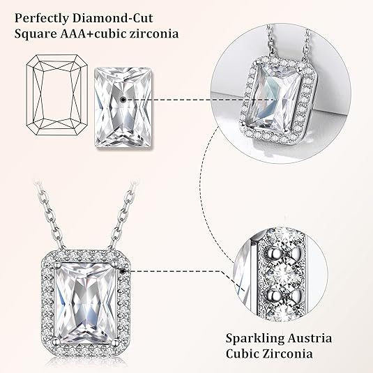 Sparkling 925 Sterling Silver Birthstone Necklaces for Women, Created Heart/Round/Teardrop/Square Crystal Solitaire Pendant Diamond Necklace, Great Birthday/Anniversary/Wedding Gifts
