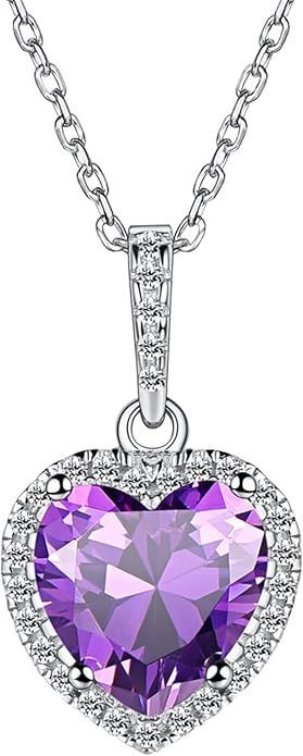 Sparkling 925 Sterling Silver Birthstone Necklaces for Women, Created Heart/Round/Teardrop/Square Crystal Solitaire Pendant Diamond Necklace, Great Birthday/Anniversary/Wedding Gifts