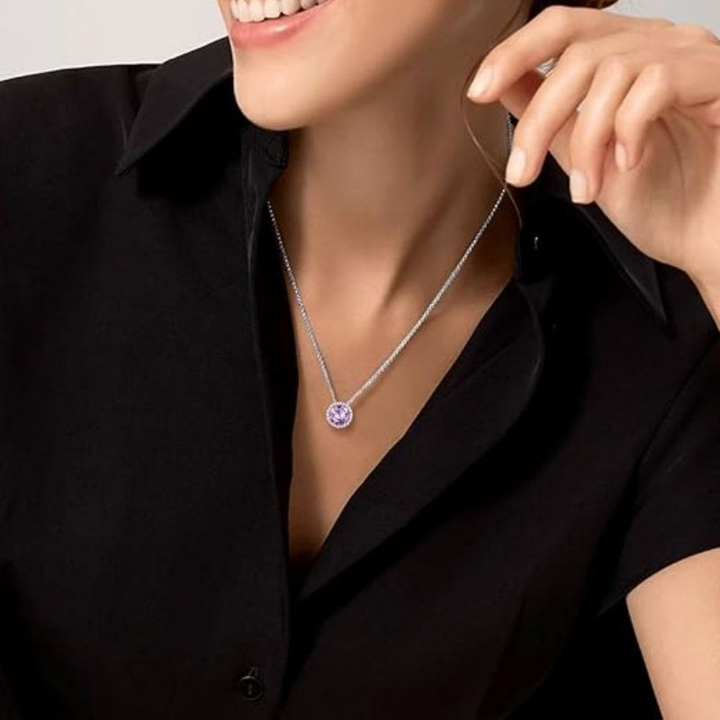 Sparkling 925 Sterling Silver Birthstone Necklaces for Women, Created Heart/Round/Teardrop/Square Crystal Solitaire Pendant Diamond Necklace, Great Birthday/Anniversary/Wedding Gifts