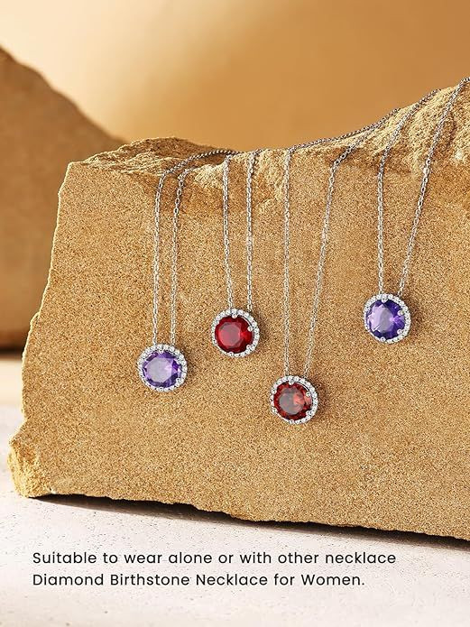 Sparkling 925 Sterling Silver Birthstone Necklaces for Women, Created Heart/Round/Teardrop/Square Crystal Solitaire Pendant Diamond Necklace, Great Birthday/Anniversary/Wedding Gifts