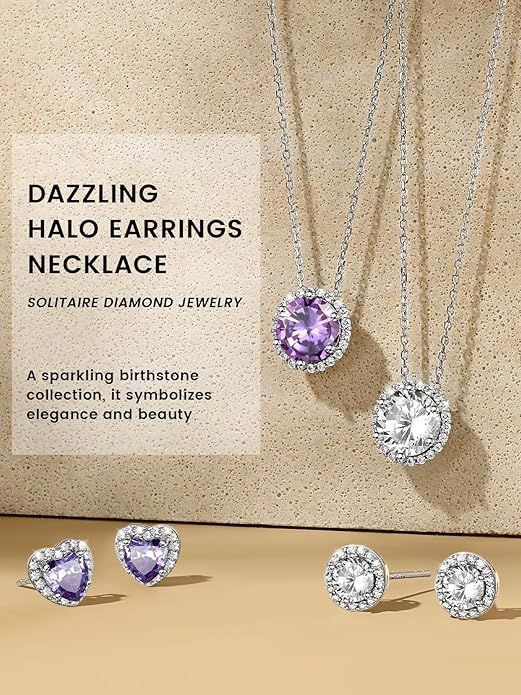 Sparkling 925 Sterling Silver Birthstone Necklaces for Women, Created Heart/Round/Teardrop/Square Crystal Solitaire Pendant Diamond Necklace, Great Birthday/Anniversary/Wedding Gifts